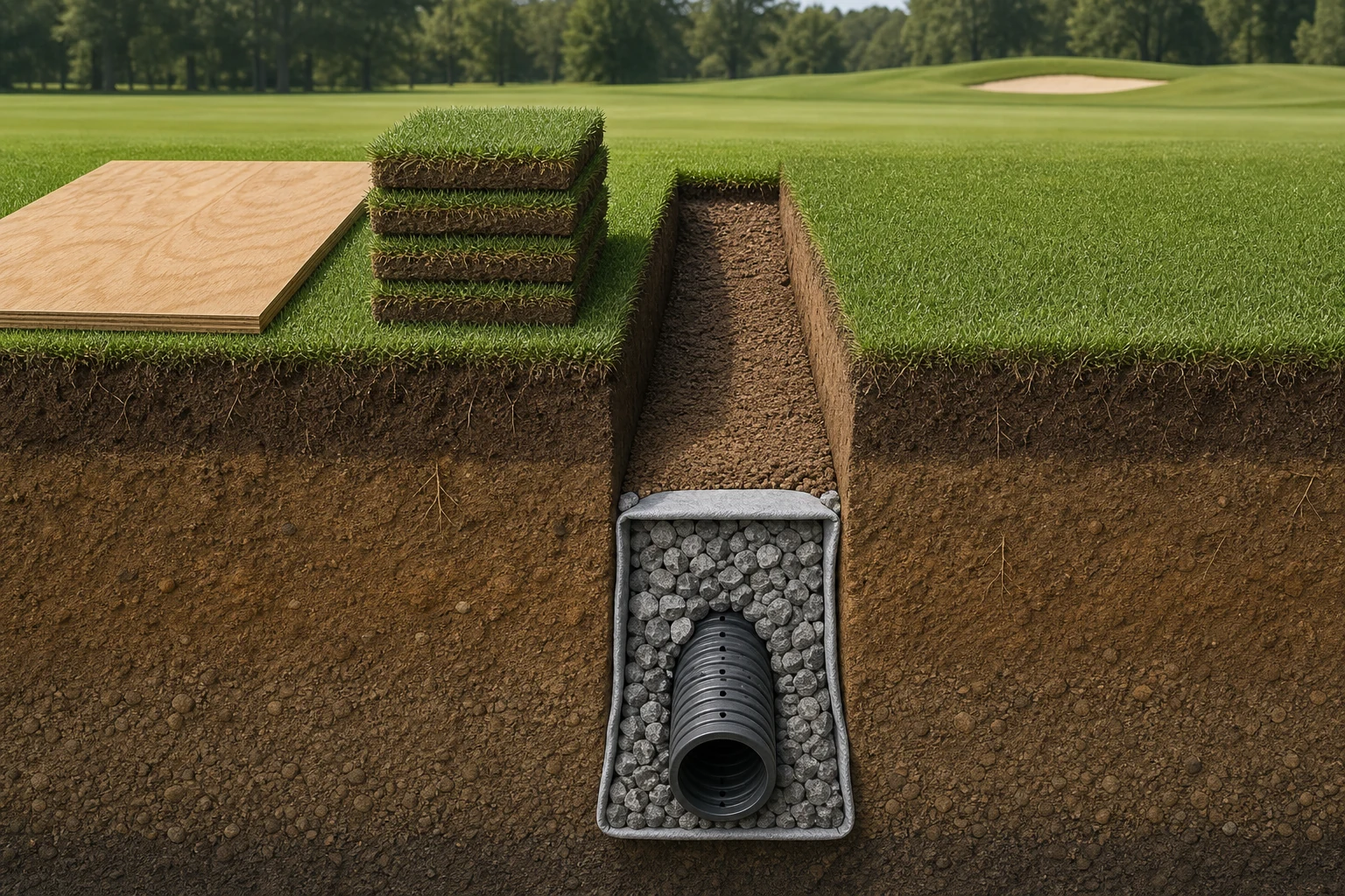 Cutaway illustrating protected turf drainage installation