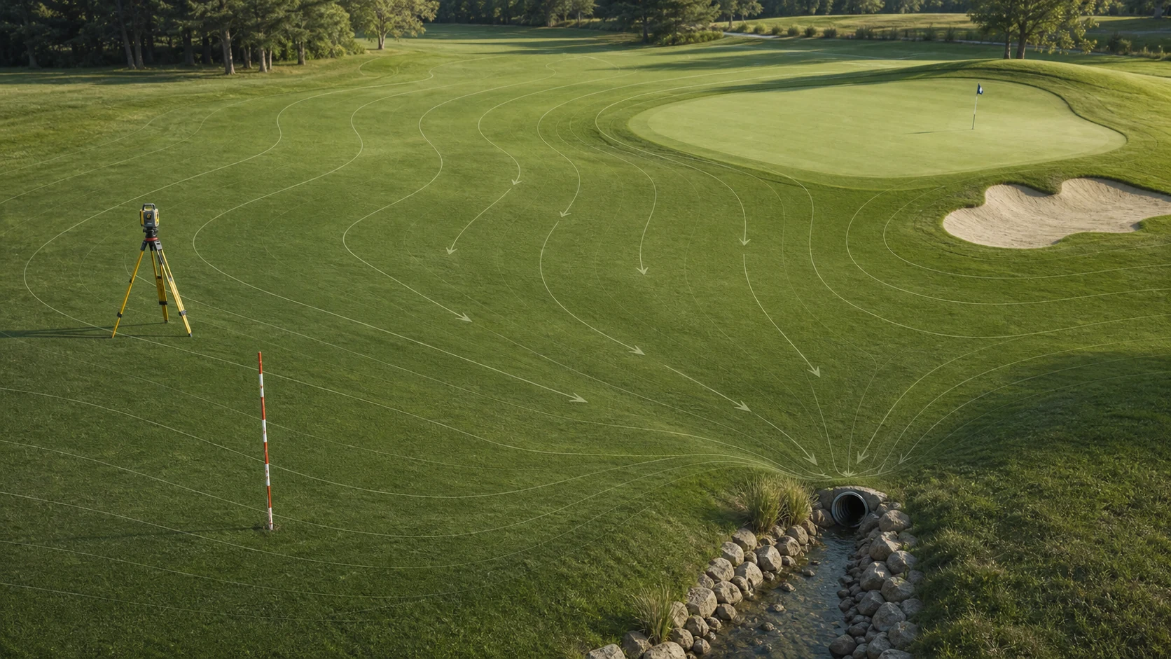 Illustration of slope assessment and drainage flow on a golf course