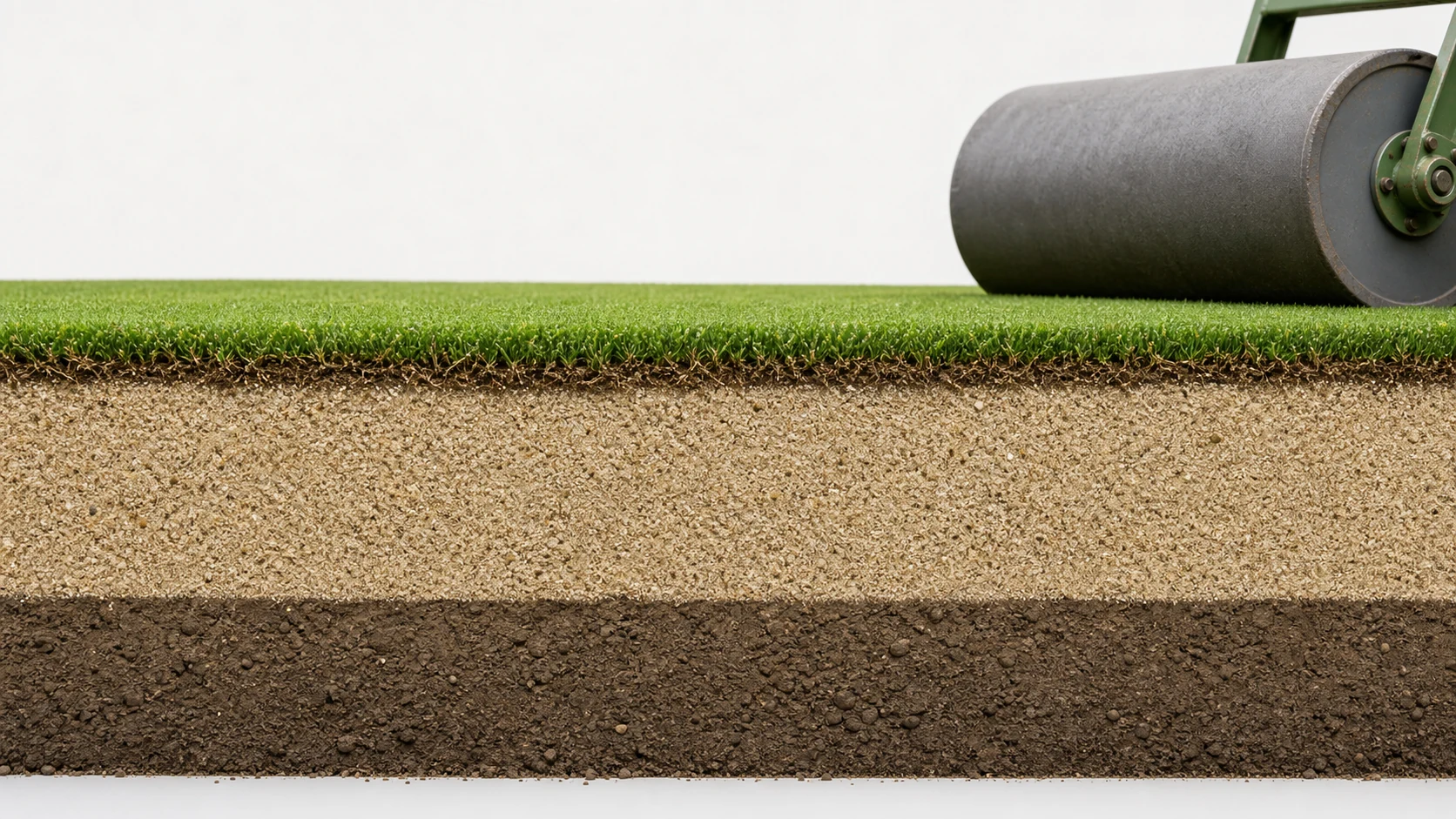 Tee-box renovation cross-section with re-leveled subgrade root-zone mix sod and rolling
